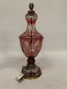 A LARGE VINTAGE CRANBERRY GLASS LAMP WITH ETCHED DETAILS, HEIGHT APPROX 45CM