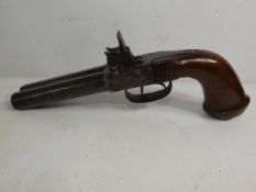 A MID 19TH CENTURY PERCUSSION CAP DOUBLE BARRELED HOWDAH .62 CALIBRE PISTOL, 12CM BARRELS, TWIN