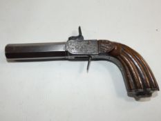 A MID 19TH CENTURY PERCUSSION CAP TURN OFF BARREL .54 CALIBRE POCKET PISTOL, 7CM OCTAGONAL BARREL,
