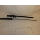 A VINTAGE JAPANESE MARTIAL ARTS KATANA TRAINING SWORD AND SCABBARD, 70CM BLADE, PIERCED BRONZE