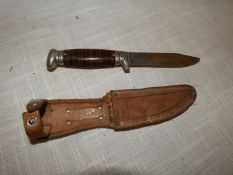 A SHEFFIELD MADE BOWIE KNIFE AND SCABBARD, 10CM BLADE, LENGTH 21CM