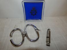A PAIR OF POLICE ISSUE HATT KEYLESS SNAPS AND A CITY POLICE WHISTLE ETC.