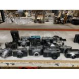 A COLLECTION OF VINTAGE CAMERAS TO INCLUDE, OLYMPUS, CANON, KODAK, ZORKI, ETC