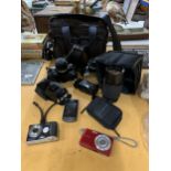 A COLLECTION OF CAMERAS TO INCLUDE OLYMPUS, SONY CYBERSHOT, ETC PLUS ASAMSUNG PHONE, BAGS, ETC