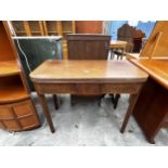 A 19TH CENTURY MAHOGANY AND INLAY FOLD OVER TEA TABLE WITH SINGLE DRAWER, 36" WIDE