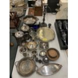 A LARGE ASSORTMENT OF PLATED WARE TO INCLUDE TEA AND COFFEE POTS, CRUETS, TRAYS, CANDLEABRA ETC