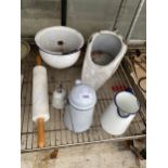 AN ASSORTMENT OF ITEMS TO INCLUDE AN ENAMEL JUG AND BOWL AND A ROLLING PIN ETC