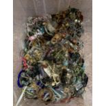 A LARGE BOX OF COSTUME JEWELLERY TO INCLUDE NECKLACES, BRACELETS, RINGS, BANGLES, BEADS ETC