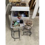 AN ASSORTMENT OF ITEMS TO INCLUDE TWO WINE RACKS, A WICKER BASKET AND TOYS ETC