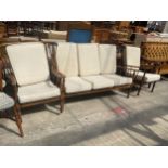A BEECH FRAMED ERCOL STYLE THREE PIECE SUITE