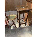 A HARDWOOD CROSSBANDED PLANT STAND AND TRIPOD WINE TABLE