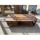 AN ERCOL ELM COFFEE TABLE ENCASING TWO DRAWERS 48" X 21"