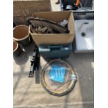 AN ASSORTMENT OF ITEMS TO INCLUDE A CAR JACK AND A MAKITA TOOL BOX ETC