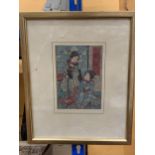 A FRAMED JAPANESE EDO PERIOD WOODBLOCK PRINT OF TWO FIGURES IN TRADITIONAL JAPANESE ATTIRE - 27 X 32