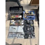AN ASSORTMENT OF TOOLS AND HARDWARE TO INCLUDE SOCKET SET, SCREW DRIVERS AND A SANDER ETC