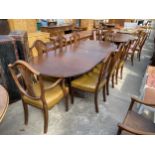 A MAHOGANY TWIN PEDESTAL EXTENDING DINING TABLE, 72" X 38" (LEAF 15") AND EIGHT HEPPLEWHITE STYLE