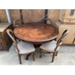 A VICTORIAN STYLE DINING TABLE ON CARVED PEDESTAL BASE, 46" DIAMETER AND FOUR BALLOON BACK DINING