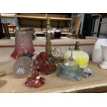 AN ART DECO STYLE BRASS TABLE LAMP BASE PLUS A QUANTITY OF VINTAGE GLASS LIGHT SHADES