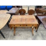 A YEW WOOD SOFA TABLE WITH LYRE ENDS BEARING ALLEN & APPLEYARD (KNUTSFORD) LABEL