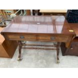 A 19TH CENTURY STYLE MAHOGANY AND INLAID SOFA TABLE WITH TWO DRAWERS AND TWO SHAM DRAWERS