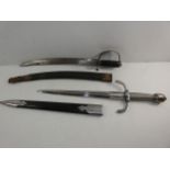A MEDIEVAL STYLE DAGGER AND SCABBARD, 33CM BLADE, TWIST WIRE GRIP, LENGTH 52CM AND A SHORT SWORD AND