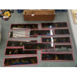 A COLLECTION OF TWELVE VICTORIAN HAND PAINTED GLASS MAGIC LANTERN SLIDES FEATURING CARTOON STYLE