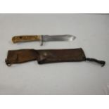 A VINTAGE GERMAN MADE HUNTING KNIFE AND SCABBARD, 15CM BLADE, ANTLER GRIP, LENGTH 29CM