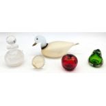 A Murano style glass duck sculpture in white pulegoso with gold bubbles and gold leaf, damage to