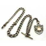 A hallmarked silver graduated watch chain with silver fob - length 44cm, weight 48g.