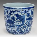 A Chinese blue and white 'Carps in a Lotus Pond' jardiniere, with a Longqing mark, H 41 - dia 45 cm