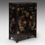 A tall Chinese lacquered two-door cabinet inset with fine mineral carvings, 20thC, H 128 - 43,3 x 87