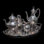 An Empire Revival four-part silver coffee and tea set on a matching tray, 800/000, H 15 - 30 cm, tot