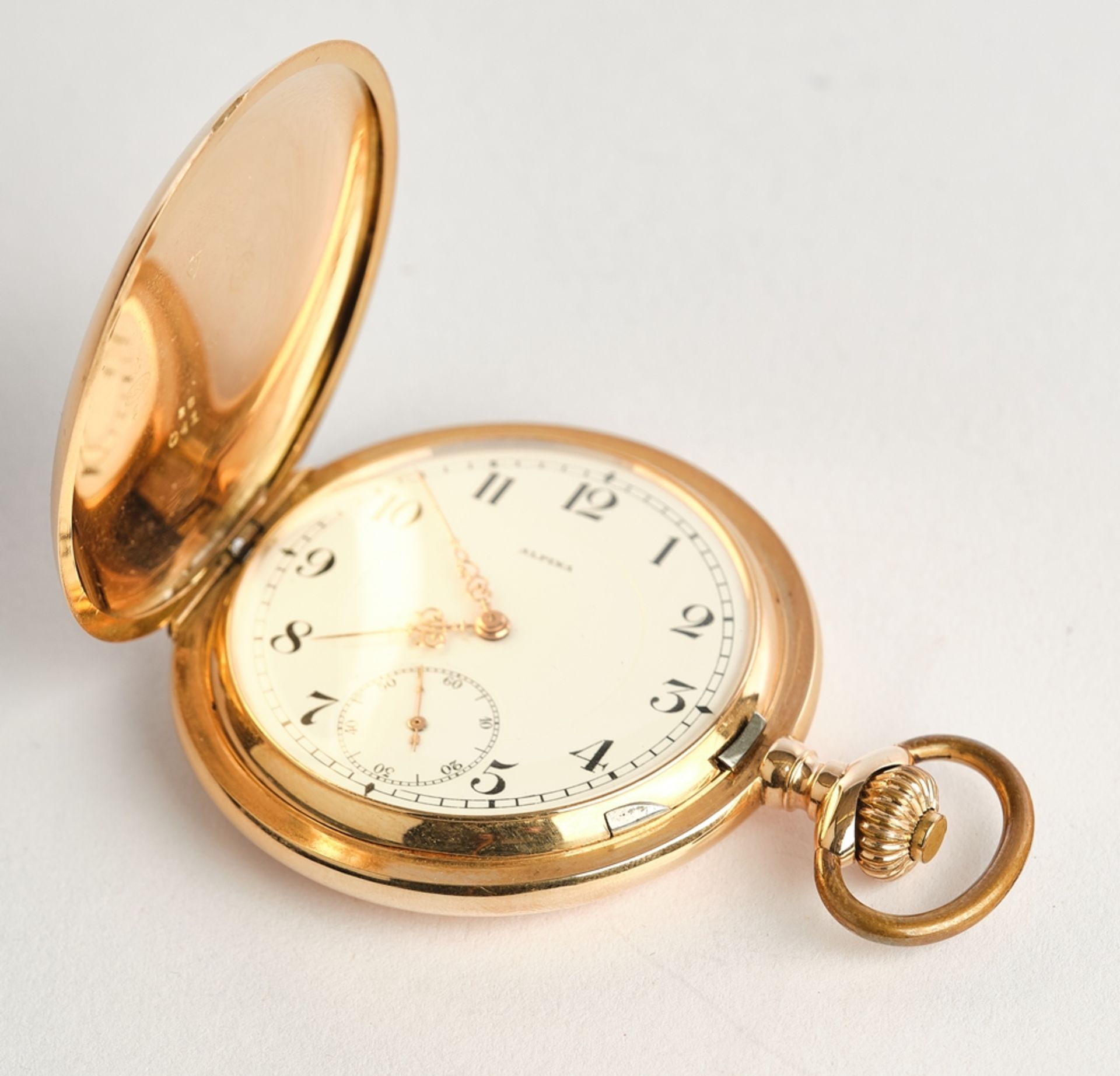 Taschenuhr, Alpina Savonette, 14kt Rotgold, Handaufzug, emailliertes Ziffernblatt mit arabischen Zi - Bild 2 aus 5