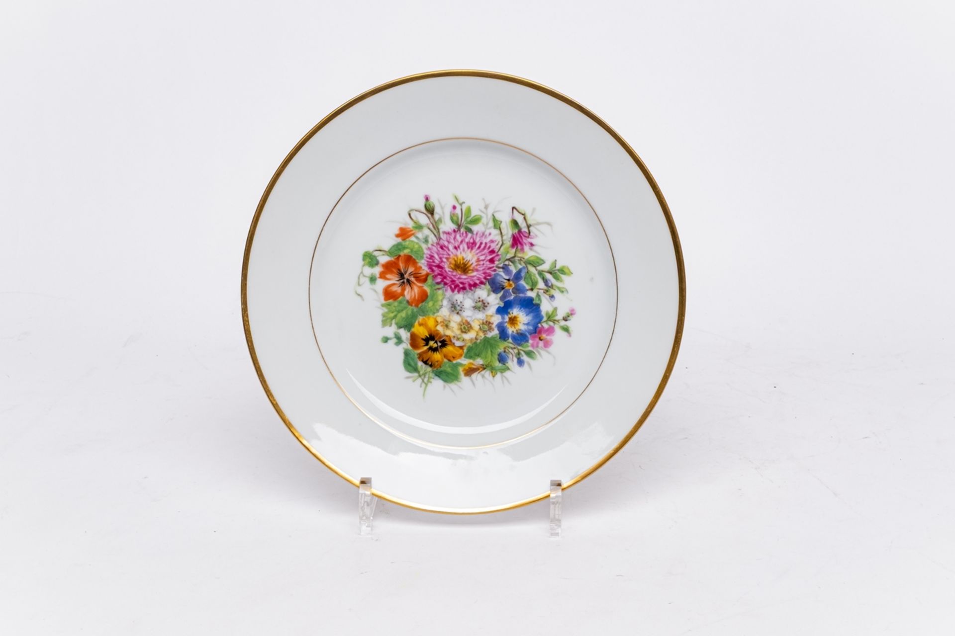 Serviceteile, 15-tlg., Bing & Gröndahl, bunte Blumen, Goldrand: 5 Suppenteller, 6 Speiseteller, Dec - Bild 4 aus 14