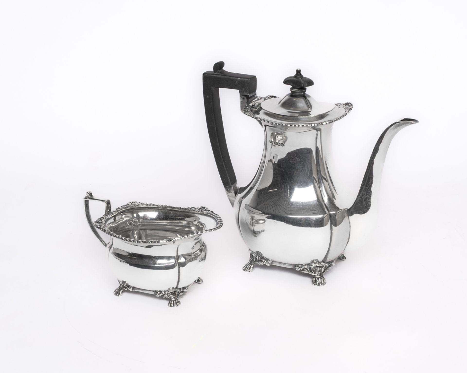 Kaffeekanne, Sahnegießer, Silber 925, Sheffield, 1929, 1930, Mappin & Webb Ltd, vierseitige, leicht