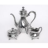 Kaffeekanne, Sahnegießer, Zuckerdose, Silber 830, Wilkens, teils innen vergoldet, gebauchte Gefäße 