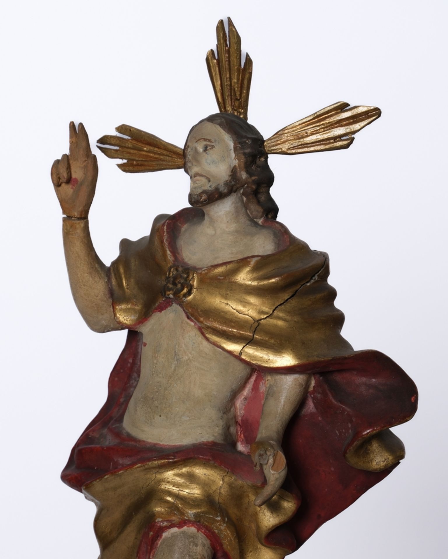 "Auferstehungschristus", süddeutsch 18. Jahrhundert, Holz, farbig, 30 cm hoch, Farbabplatzungen, Ri - Bild 5 aus 6