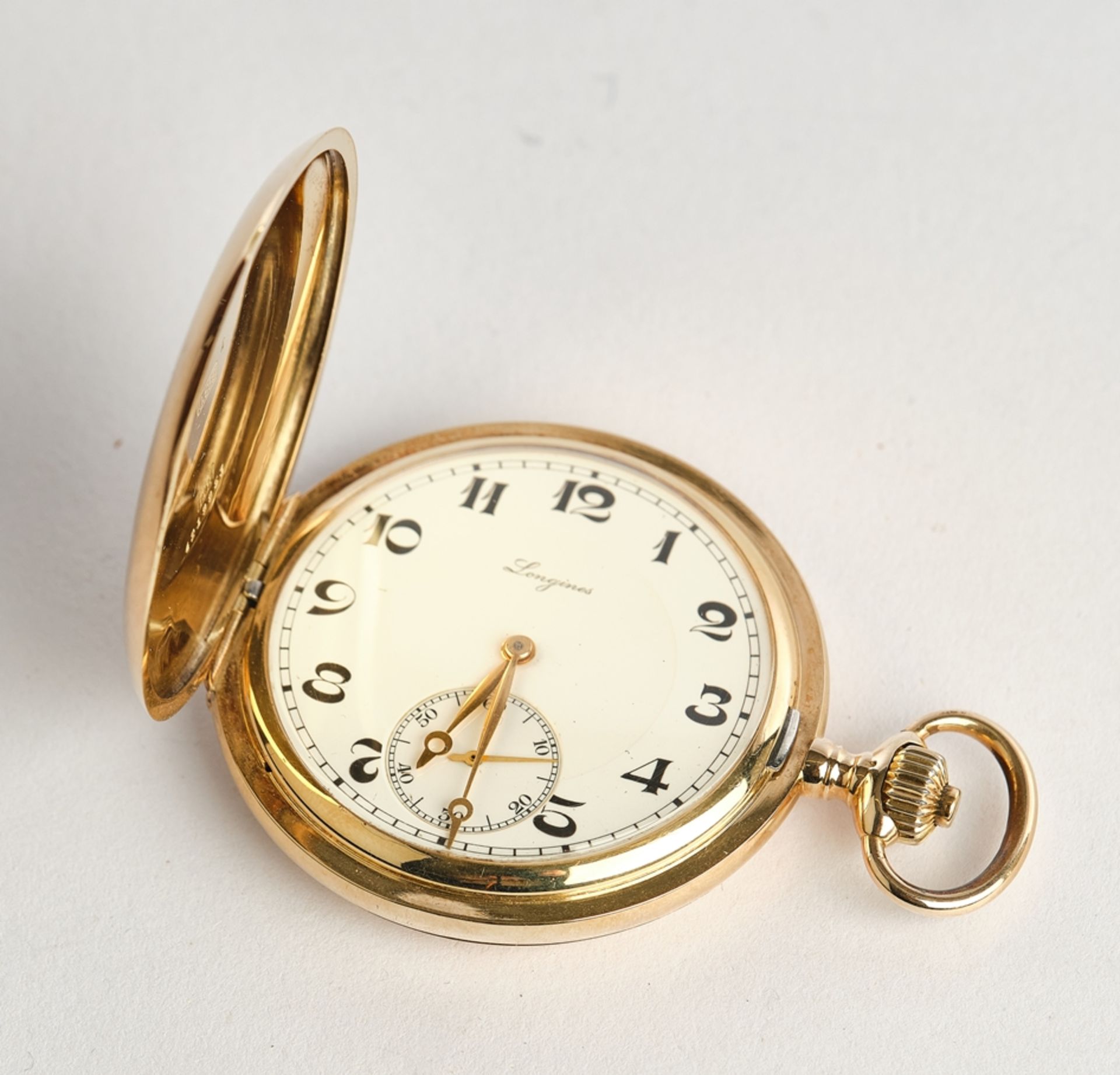 Taschenuhr, Longines 7 Grands Prix Savonette, 1927, 14kt Gelbgold, Handaufzug, emailliertes Ziffern