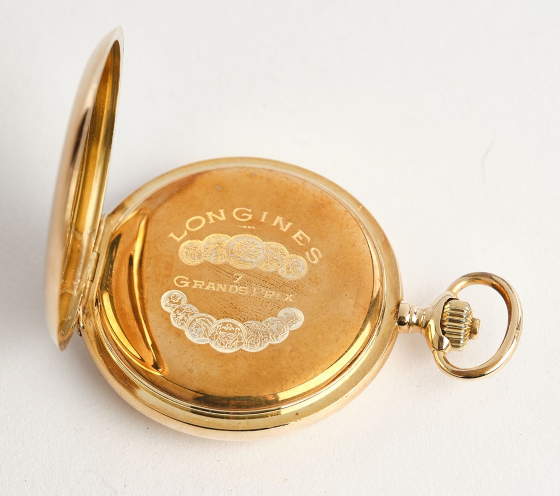 Taschenuhr, Longines 7 Grands Prix Savonette, 1927, 14kt Gelbgold, Handaufzug, emailliertes Ziffern - Bild 6 aus 7
