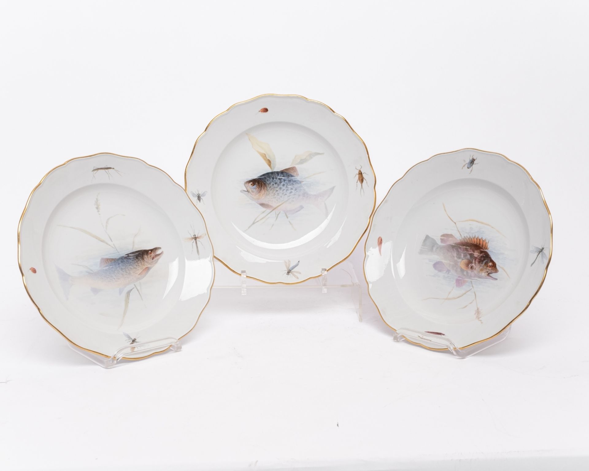 Fischservice, 16-tlg., Meissen, Schwertermarke, 1850-1924, 1. Wahl, Fischmalerei, bunt, Goldrand: 1 - Bild 7 aus 11