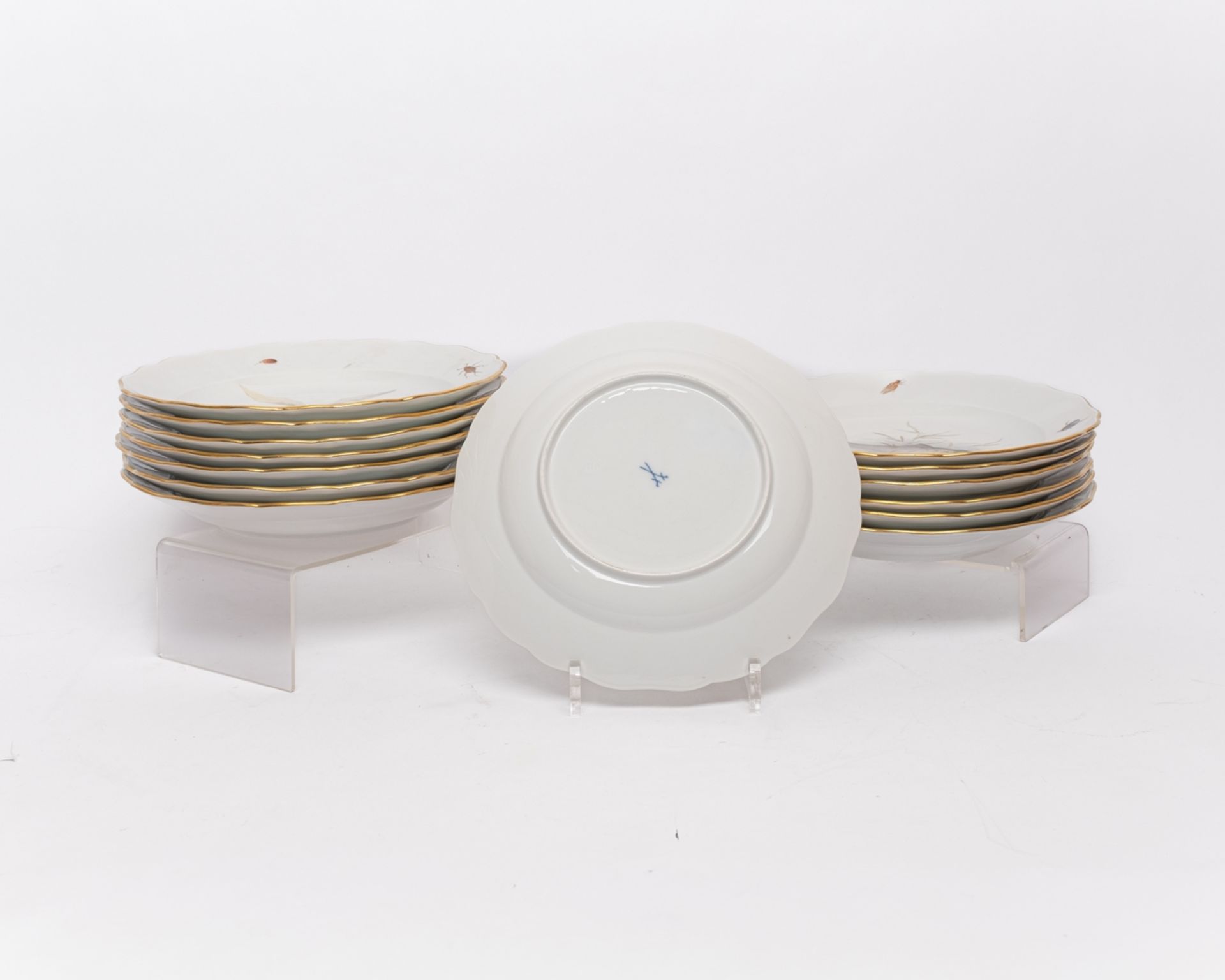 Fischservice, 16-tlg., Meissen, Schwertermarke, 1850-1924, 1. Wahl, Fischmalerei, bunt, Goldrand: 1 - Bild 11 aus 11