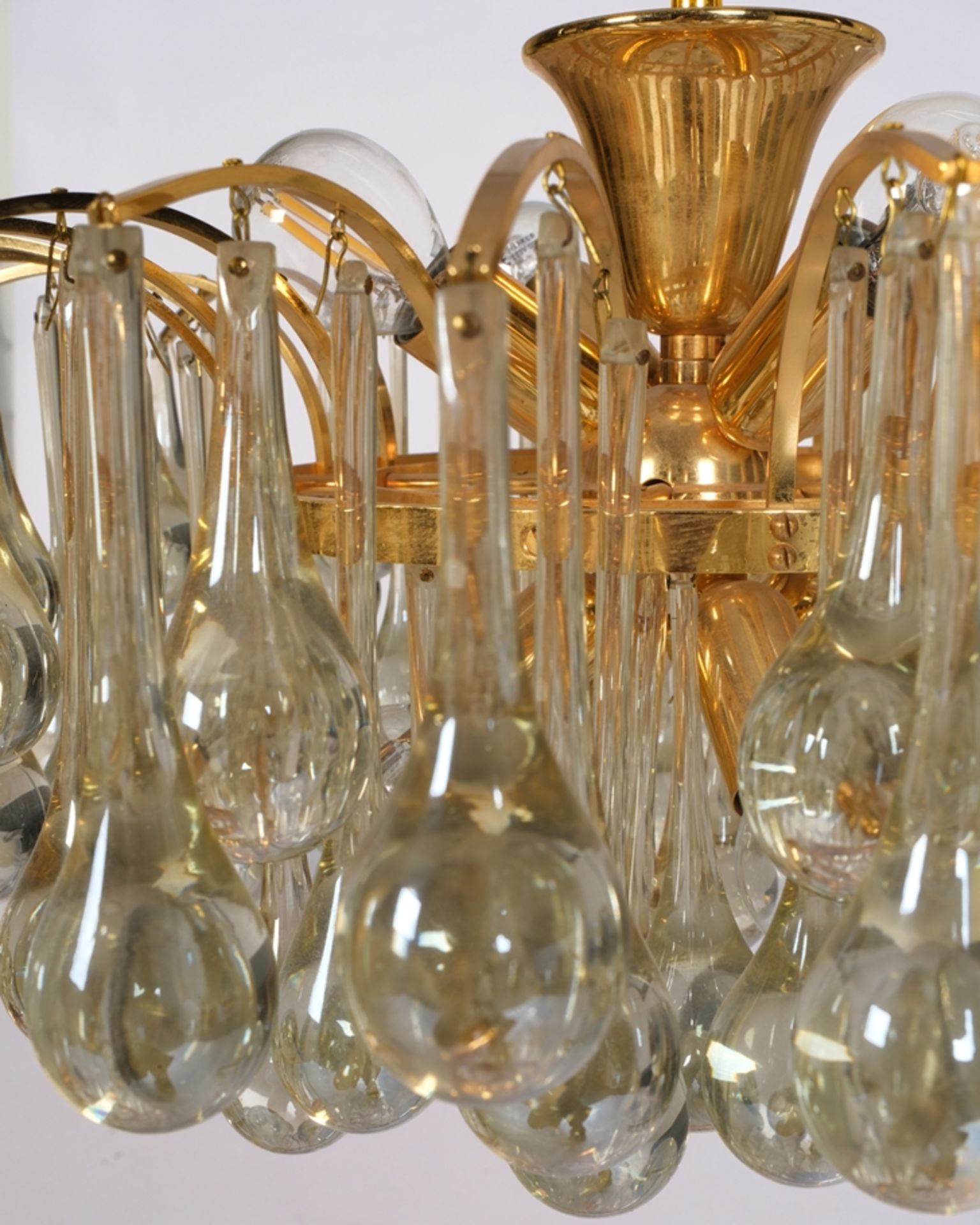 Deckenleuchter, Christoph Palme, Rheinbach, 1980er Jahre, Messing, hängende Bleikristalltropfen, ac - Bild 3 aus 3