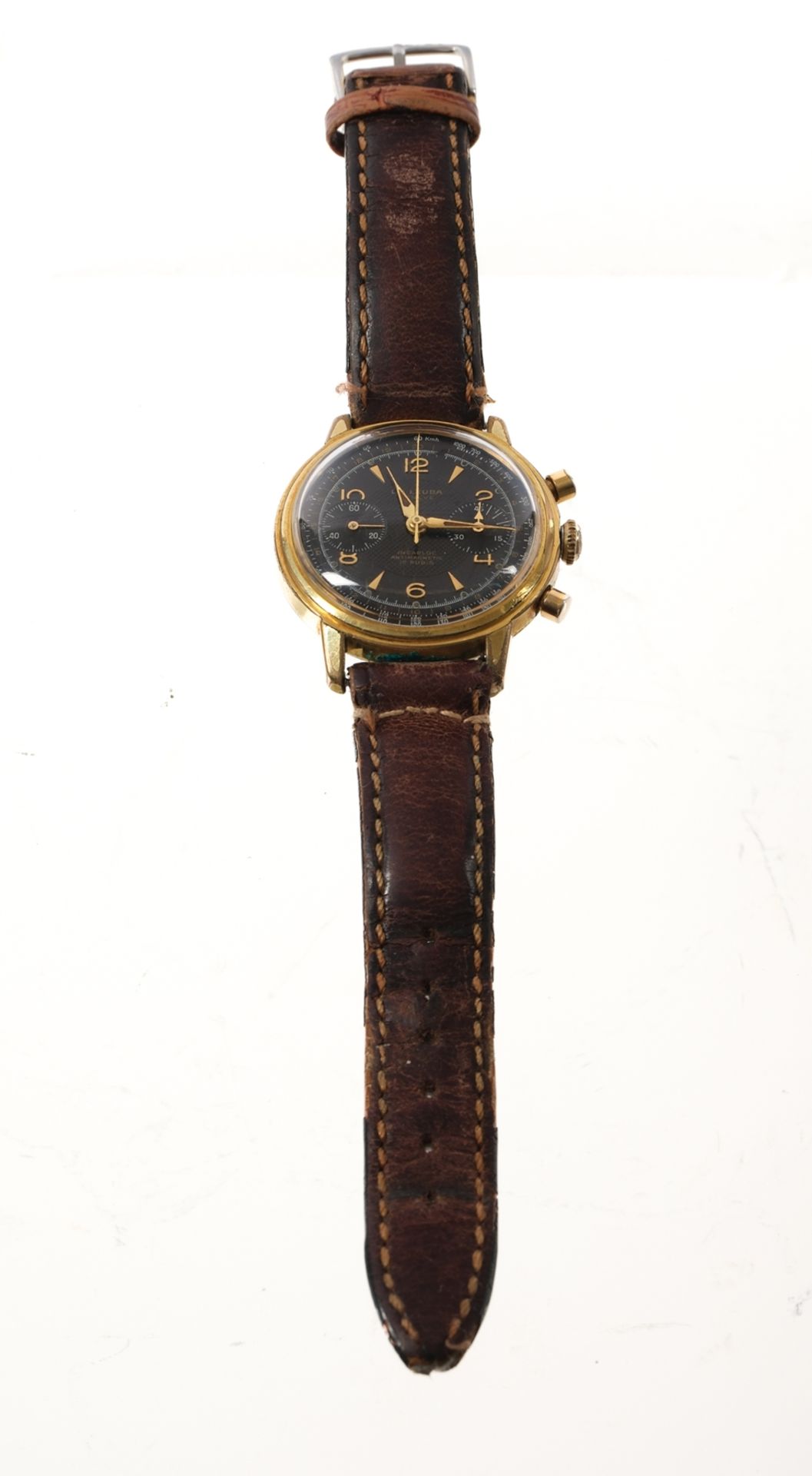 La Leuba Vintage Chronograph, Schweiz, um 1950, vergoldetes Gehäuse, schwarzes Zifferblatt mit gold - Bild 5 aus 5