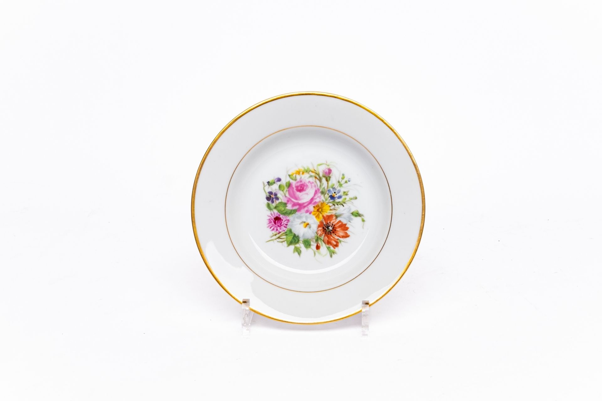 Serviceteile, 15-tlg., Bing & Gröndahl, bunte Blumen, Goldrand: 5 Suppenteller, 6 Speiseteller, Dec - Bild 6 aus 14
