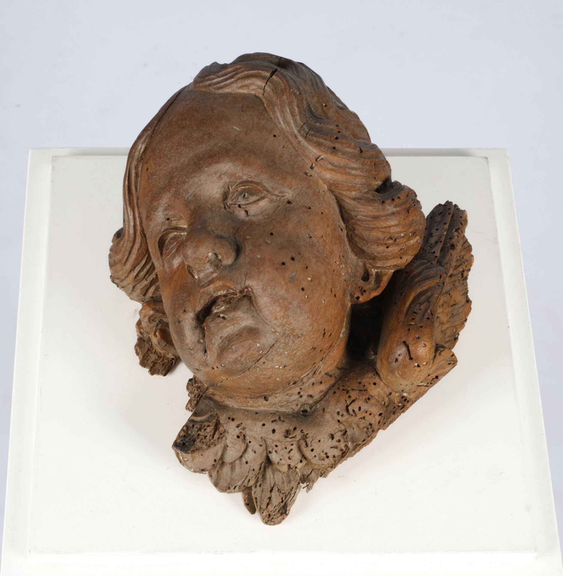 "Kopf eines Puttos", deutsch 18. Jahrhundert, 28 cm hoch, Spuren eines Anobienbefalls (inaktiv), Ri