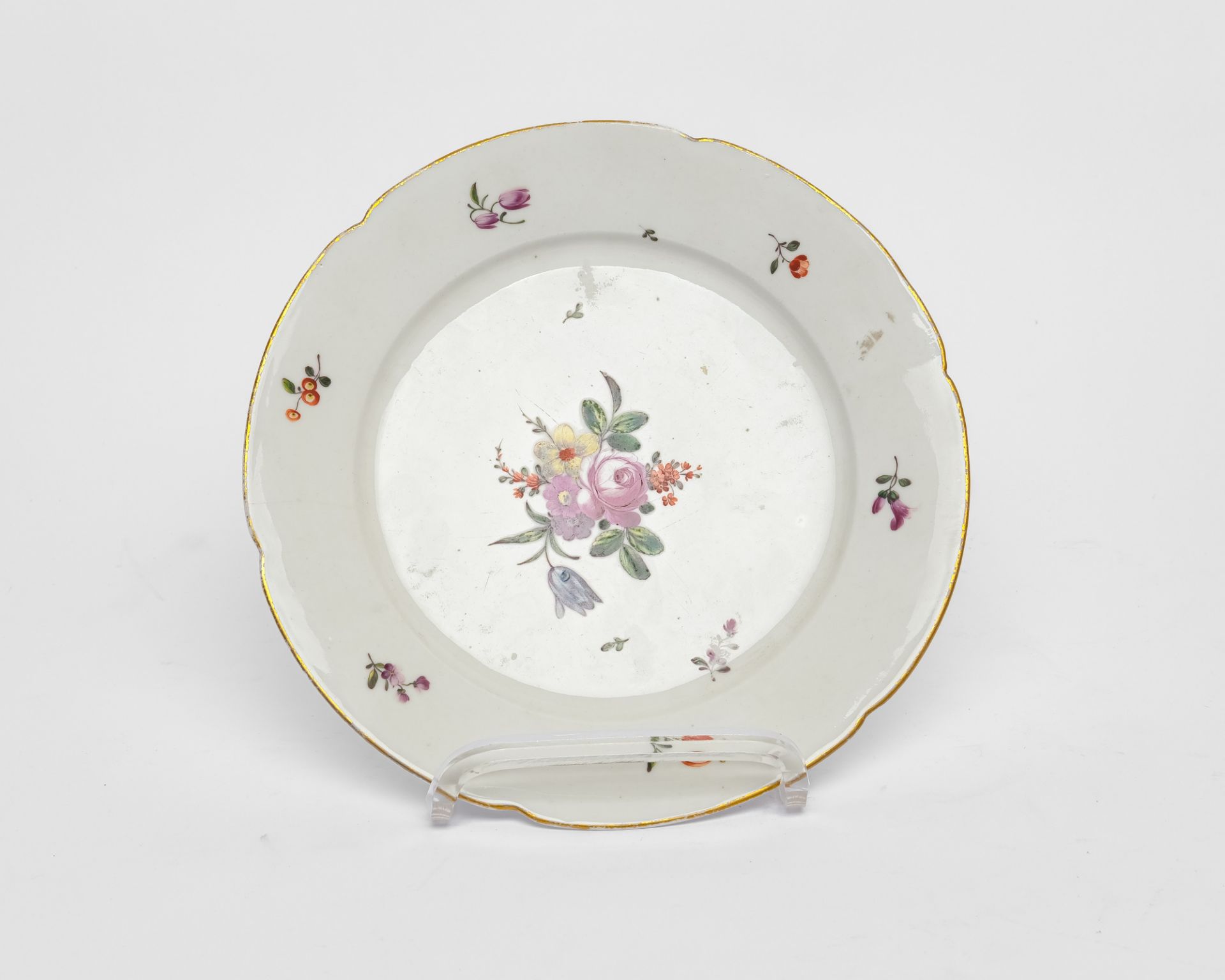 Teller, Jacques Vermonet & Fils, Boisette, um 1790, bunte Blumenmalerei, Goldrand, ø 24.3 cm, Fahne