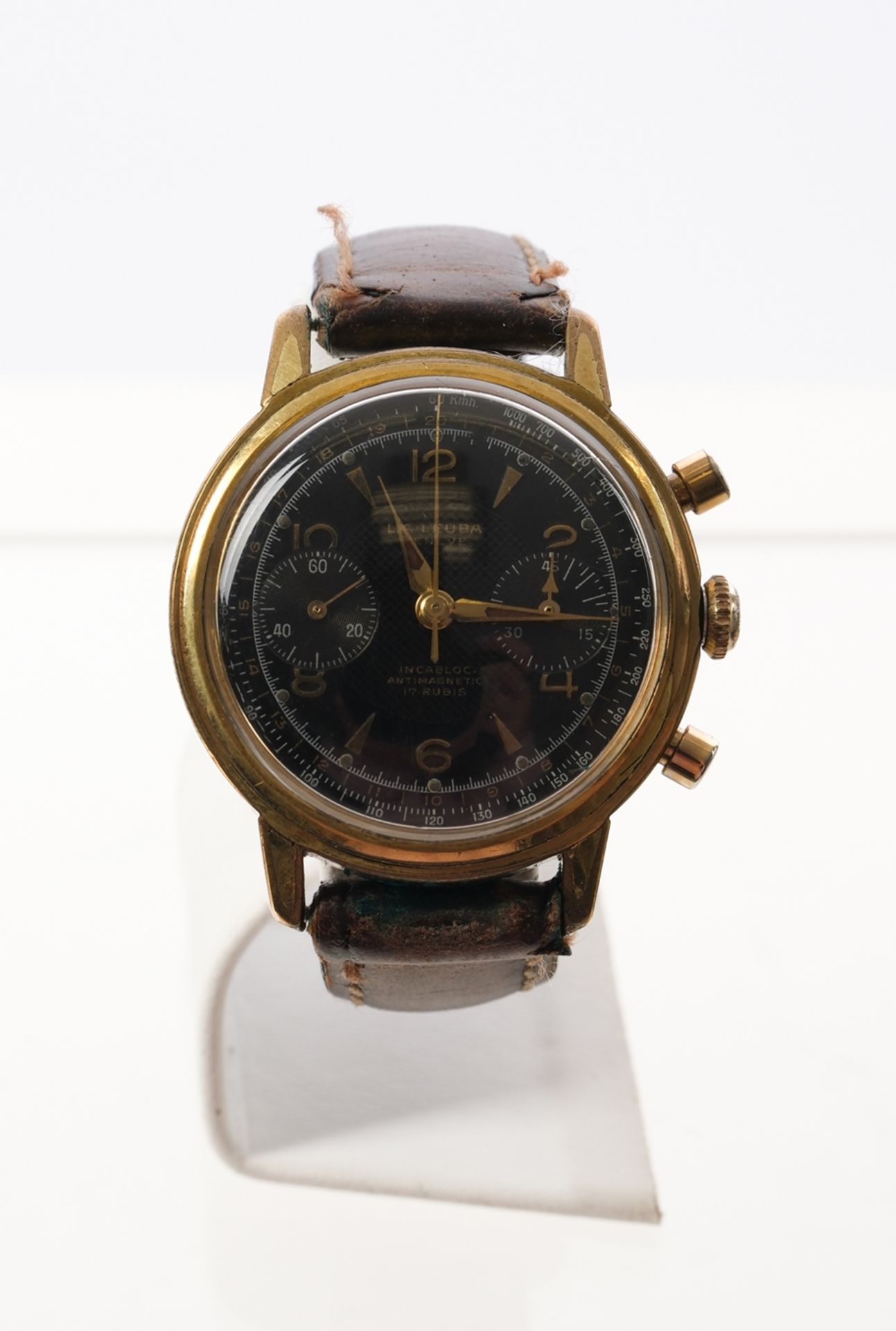 La Leuba Vintage Chronograph, Schweiz, um 1950, vergoldetes Gehäuse, schwarzes Zifferblatt mit gold