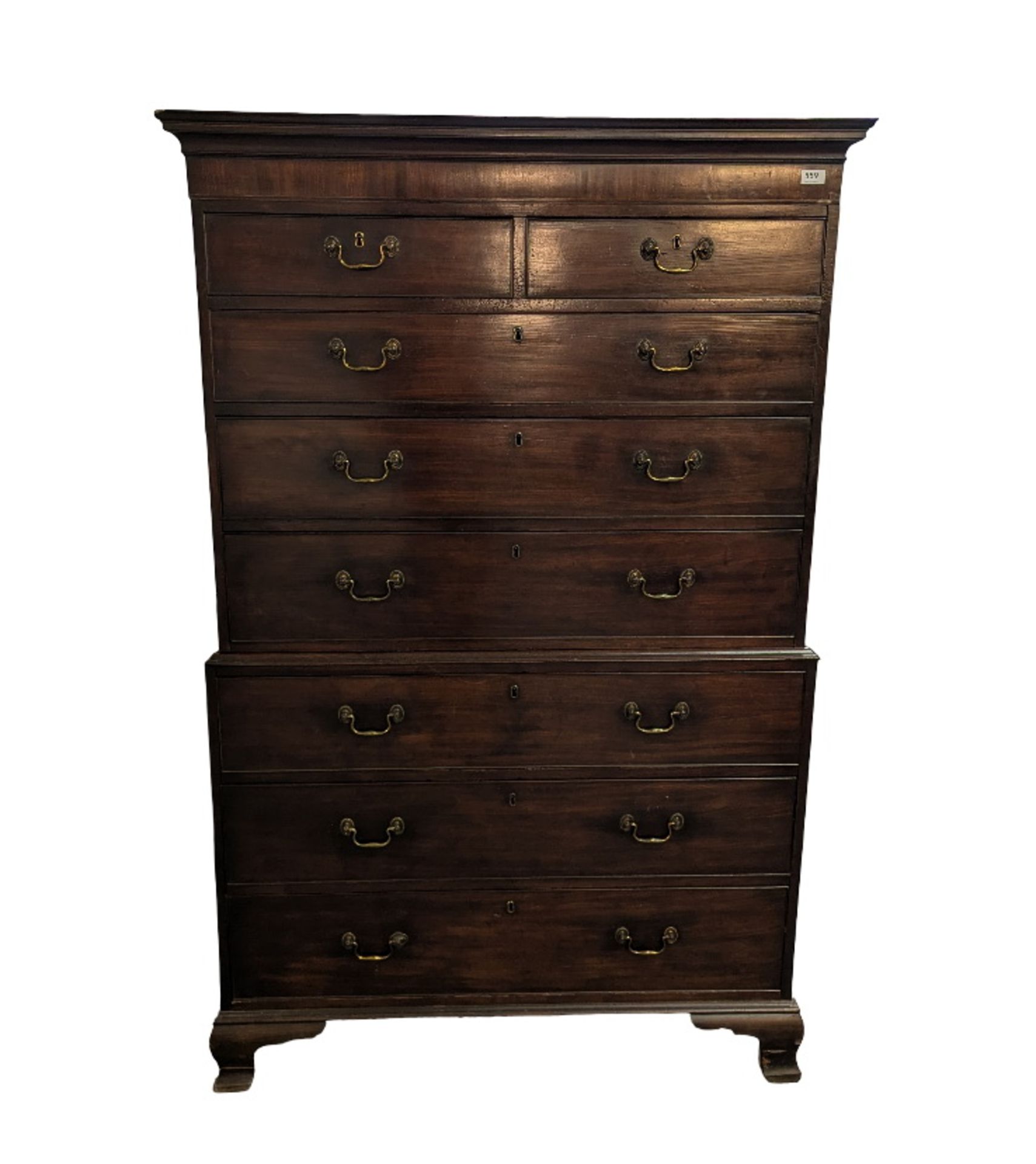 Aufsatzkommode "Tallboy", England, 2. Hälfte 19. Jh., Mahagoni, zweiteiliger Korpus mit insgesamt a
