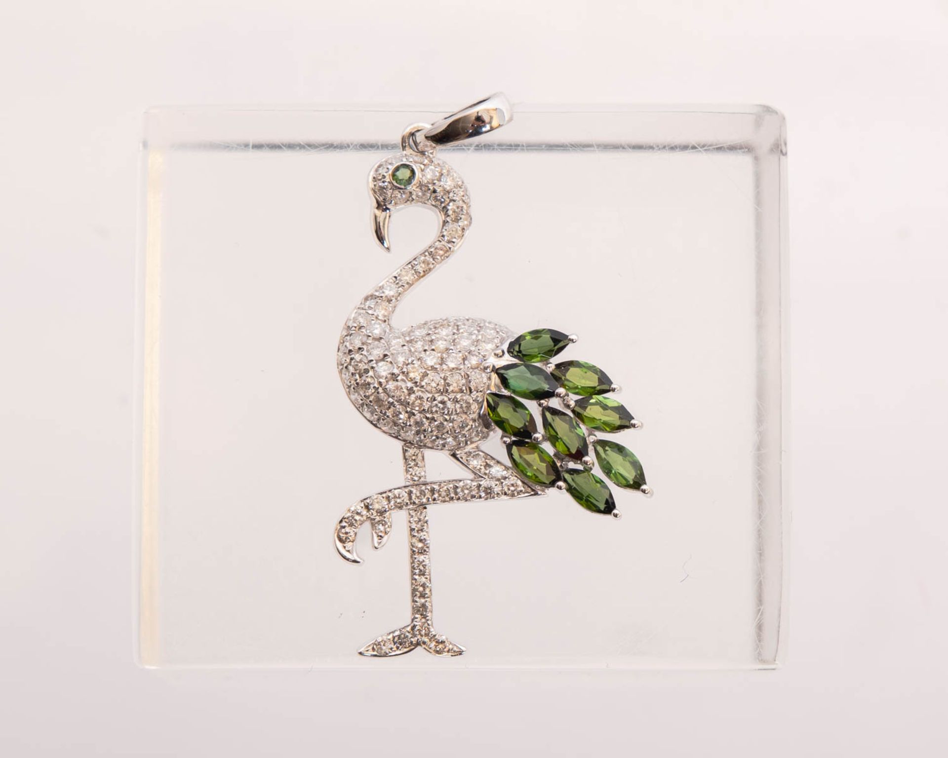 Anhänger, 'Flamingo', 18kt Weißgold, Brillanten zus. ca. 1.04 ct. etwa tw/vsi-si, 10 Turmaline zus.