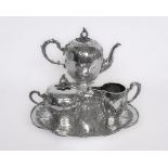 Teekanne, Sahnegießer, Zuckerdose, Tablett, Silber 800, Wilkens, teils innen vergoldet, gelappt und